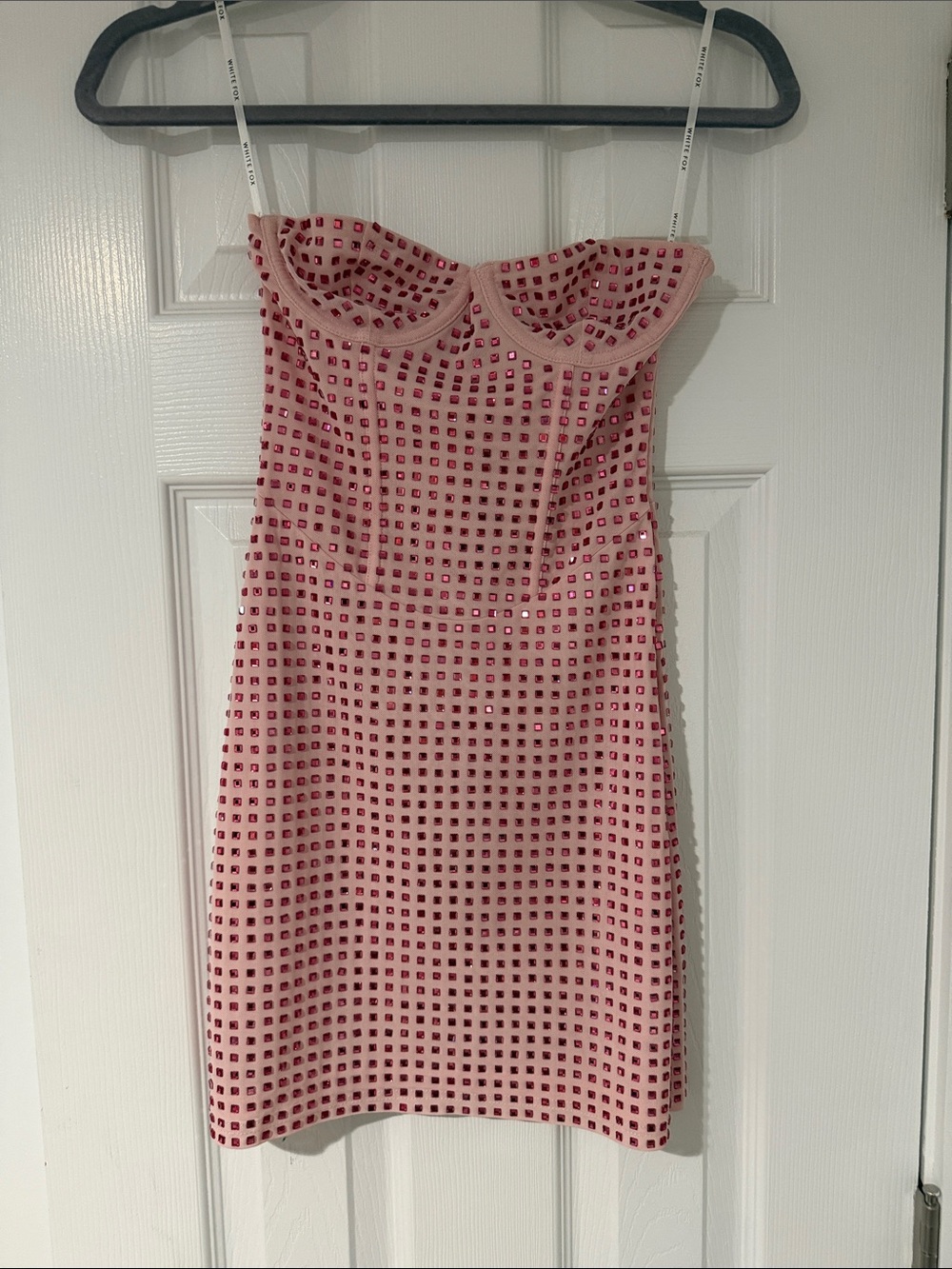 White Fox Boutique Pink Strapless Mini Dress with Grid Cutouts